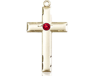 14kt Gold Cross Medal with a 3mm Ruby Swarovski stone