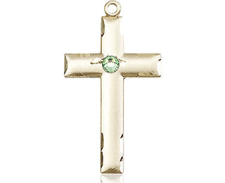 14kt Gold Cross Medal with a 3mm Peridot Swarovski stone