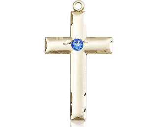 14kt Gold Cross Medal with a 3mm Sapphire Swarovski stone