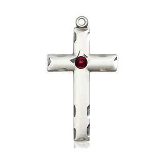 Sterling Silver Cross Pendant with a 3mm Garnet Swarovski stone on an 18-inch Sterling Silver Light Curb Chain