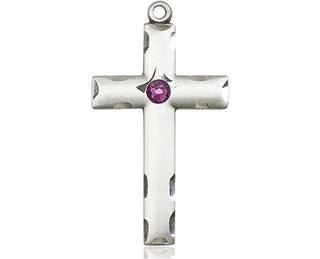 Sterling Silver Cross Pendant with a 3mm Amethyst Swarovski stone on an 18-inch Sterling Silver Light Curb Chain