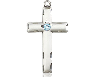 Sterling Silver Cross Pendant with a 3mm Aqua Swarovski stone on an 18-inch Sterling Silver Light Curb Chain