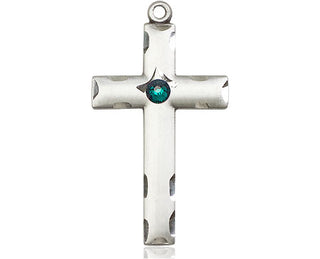 Sterling Silver Cross Pendant with a 3mm Emerald Swarovski stone on an 18-inch Sterling Silver Light Curb Chain