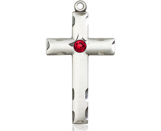 Sterling Silver Cross Pendant with a 3mm Ruby Swarovski stone on an 18-inch Sterling Silver Light Curb Chain