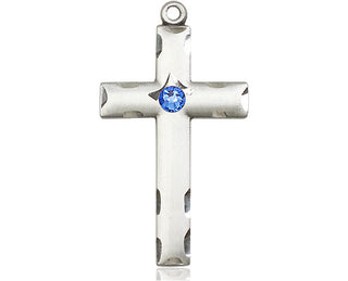 Sterling Silver Cross Pendant with a 3mm Sapphire Swarovski stone on an 18-inch Sterling Silver Light Curb Chain