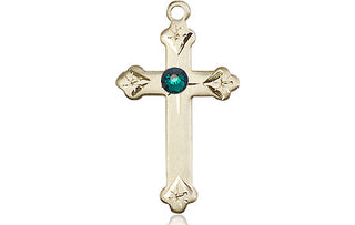 14kt Gold Filled Cross Pendant with a 3mm Emerald Swarovski stone on an 18-inch Gold Filled Light Curb Chain