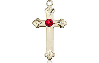 14kt Gold Filled Cross Pendant with a 3mm Ruby Swarovski stone on an 18-inch Gold Filled Light Curb Chain