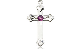 Sterling Silver Cross Pendant with a 3mm Amethyst Swarovski stone on an 18-inch Sterling Silver Light Curb Chain
