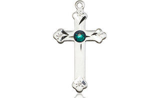 Sterling Silver Cross Pendant with a 3mm Emerald Swarovski stone on an 18-inch Sterling Silver Light Curb Chain