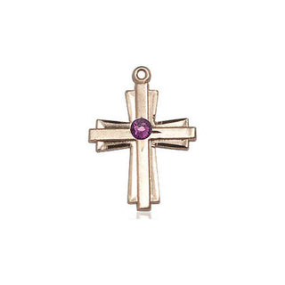 14kt Gold Filled Cross Pendant with a 3mm Amethyst Swarovski stone on an 18-inch Gold Filled Light Curb Chain