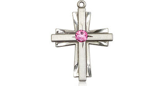 Sterling Silver Cross Pendant with a 3mm Rose Swarovski stone on an 18-inch Sterling Silver Light Curb Chain