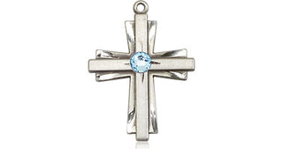 Sterling Silver Cross Pendant with a 3mm Aqua Swarovski stone on an 18-inch Sterling Silver Light Curb Chain