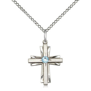 Sterling Silver Cross Pendant with 3mm Aqua Swarovski stone Necklace