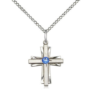 Sterling Silver Cross Pendant with 3mm Sapphire Swarovski stone Necklace