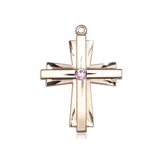 14kt Gold Cross Medal with a 3mm Light Amethyst Swarovski stone