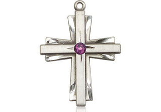 Sterling Silver Cross Pendant with a 3mm Amethyst Swarovski stone on an 18-inch Sterling Silver Light Curb Chain