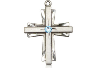 Sterling Silver Cross Pendant with a 3mm Aqua Swarovski stone on an 18-inch Sterling Silver Light Curb Chain