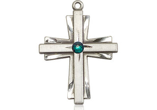 Sterling Silver Cross Pendant with a 3mm Emerald Swarovski stone on an 18-inch Sterling Silver Light Curb Chain