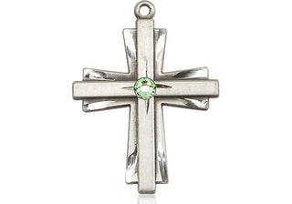 Sterling Silver Cross Pendant with a 3mm Peridot Swarovski stone on an 18-inch Sterling Silver Light Curb Chain