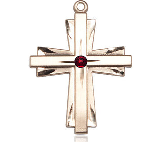 14kt Gold Filled Cross Pendant with a 3mm Garnet Swarovski stone on an 24-inch Gold Plate Heavy Curb Chain