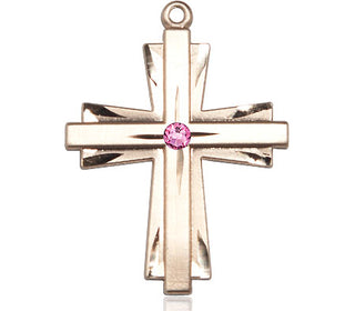 14kt Gold Filled Cross Pendant with a 3mm Rose Swarovski stone on an 24-inch Gold Plate Heavy Curb Chain