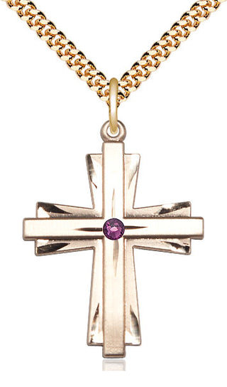 14kt Gold Filled Cross Pendant with 3mm Amethyst Swarovski Necklace
