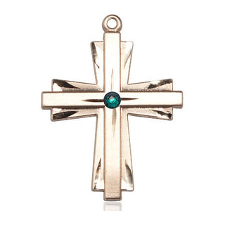 14kt Gold Filled Cross Pendant with a 3mm Emerald Swarovski stone on an 24-inch Gold Plate Heavy Curb Chain