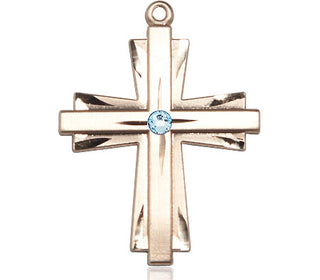 14kt Gold Cross Medal with a 3mm Aqua Swarovski stone