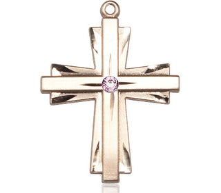 14kt Gold Cross Medal with a 3mm Light Amethyst Swarovski stone