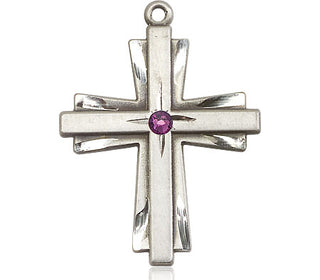 Sterling Silver Cross Pendant with a 3mm Amethyst Swarovski stone on an 24-inch Light Rhodium Heavy Curb Chain