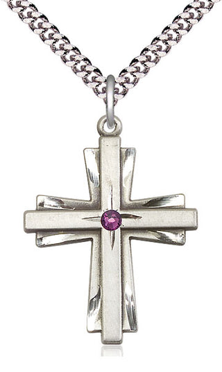 Sterling Silver Cross Pendant with 3mm Amethyst Swarovski Necklace