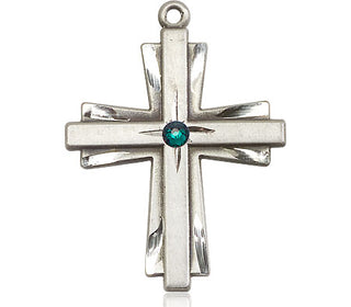 Sterling Silver Cross Pendant with a 3mm Emerald Swarovski stone on an 24-inch Light Rhodium Heavy Curb Chain