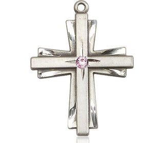 Sterling Silver Cross Pendant with a 3mm Light Amethyst Swarovski stone on an 24-inch Light Rhodium Heavy Curb Chain