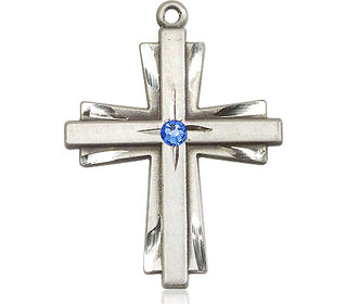 Sterling Silver Cross Pendant with a 3mm Sapphire Swarovski stone on an 24-inch Light Rhodium Heavy Curb Chain