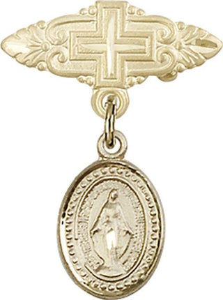 14kt Gold Badge Pin With Cross Miraculous Baby Badge
