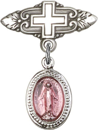 Sterling Silver Badge Pin With Cross Miraculous Baby Badge