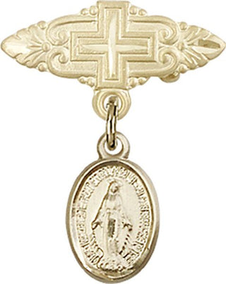 14kt Gold Badge Pin With Cross Miraculous Baby Badge