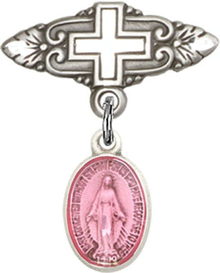 Sterling Silver Badge Pin With Cross Miraculous Baby Badge