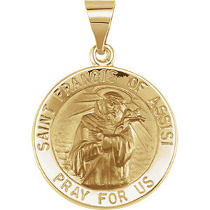 14K Gold 18 MM Round Hollow St. Francis of Assisi Medal