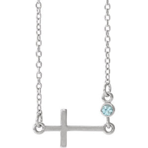 Sterling Silver Blue Zircon Sideways Accented Cross 16-18" Necklace