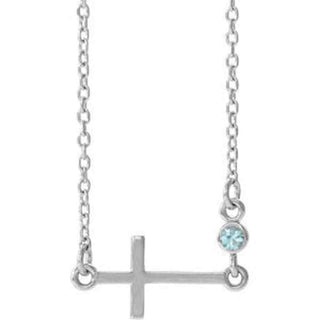 14K White Blue Zircon Sideways Accented Cross 16-18" Necklace