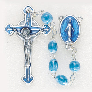 Oval Blue Marble Bead Rosary Enameled Crucifix and Center