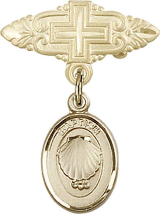 14kt Gold Badge Pin With Cross Baptism Baby Badge