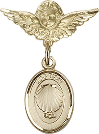 14kt Gold Small Angel w/Wings Baptism Baby Badge