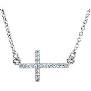 14K White Aquamarine Sideways Cross 16-18" Necklace