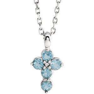 Sterling Silver Aquamarine Cross 16-18" Necklace