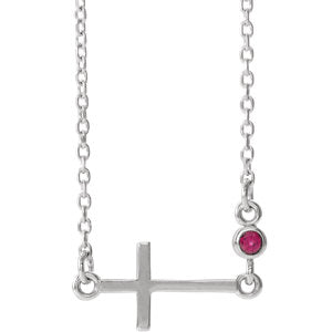 Sterling Silver Ruby Sideways Accented Cross 16-18" Necklace