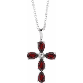 Sterling Silver Natural Mozambique Garnet Cross 16-18" Necklace