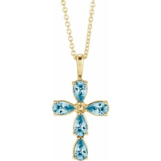 14K Yellow Natural Blue Zircon Cross 16-18" Necklace