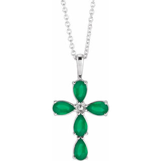 Sterling Silver Natural Emerald Cross 16-18" Necklace